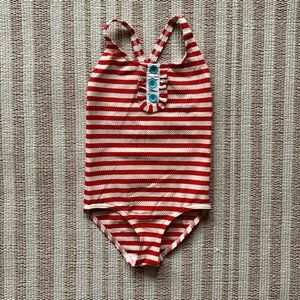 Mini Boden Red & White Striped Textured Swimsuit